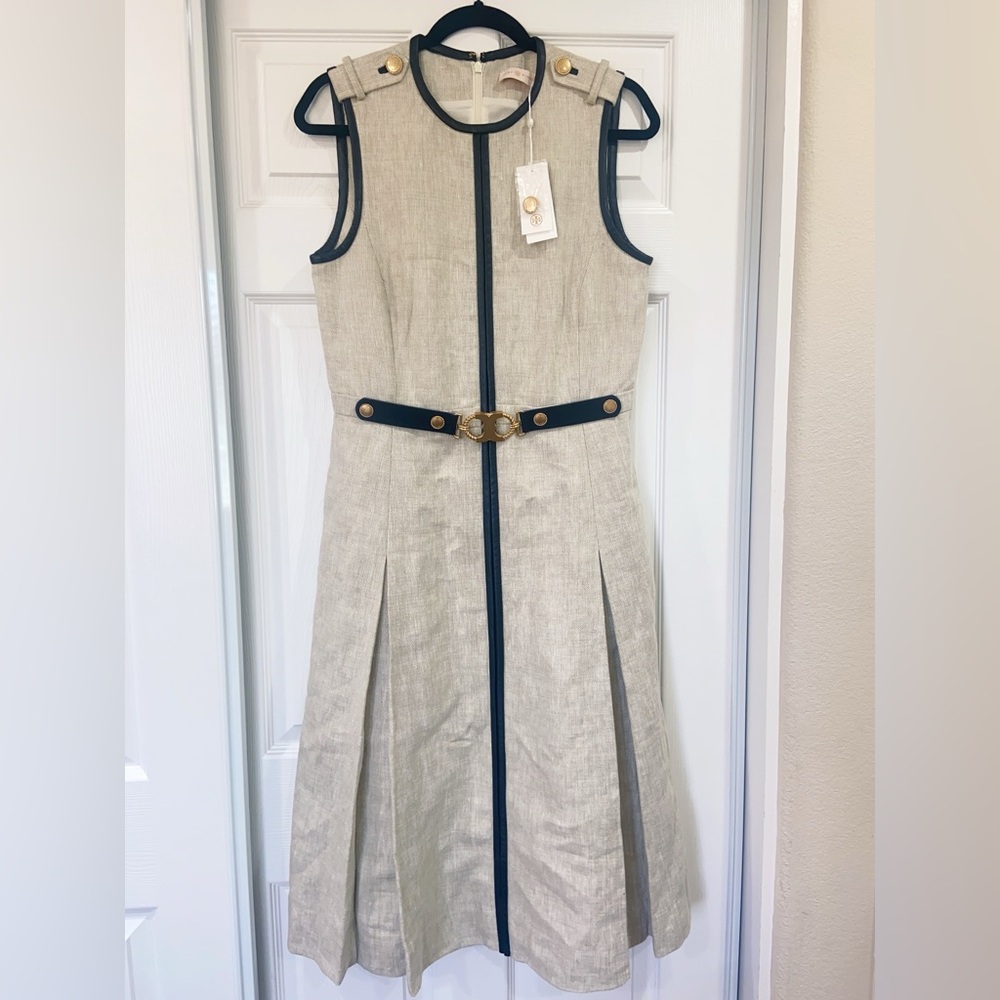 NWT $698 Tory Burch Leather Trim Linen Midi Dress